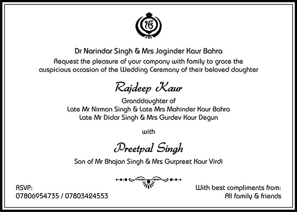 Sikh wedding invitation wording 1 - Parekh Cards